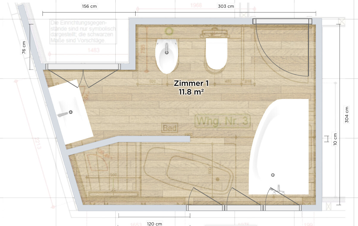 Grundriss eines Badezimmers (Zimmer 1) mit Waschbecken links, Toilette oben, Badewanne rechts.