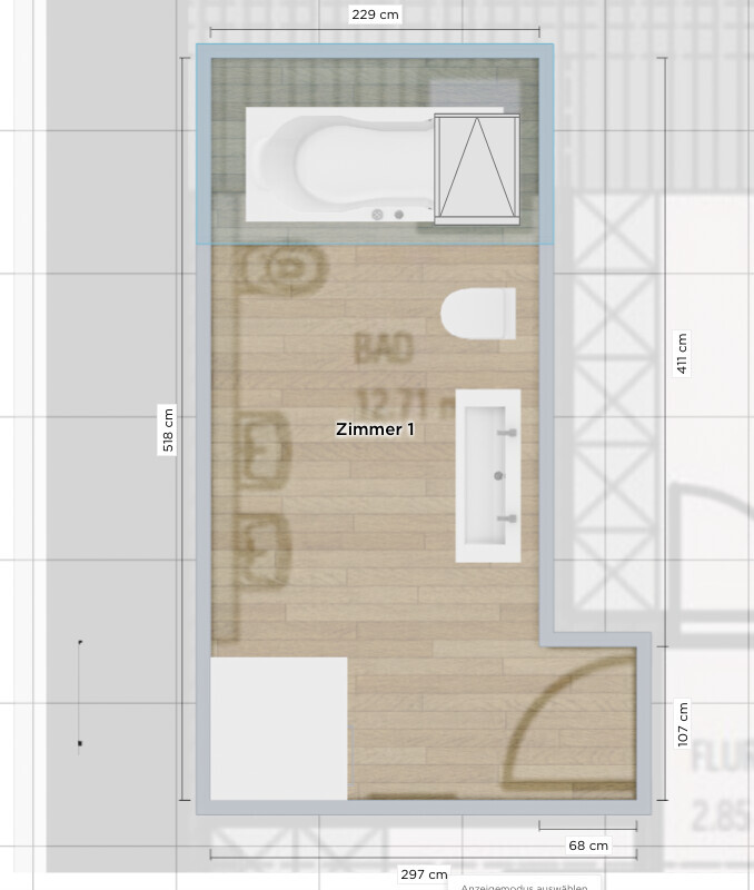Grundriss eines Zimmers mit Bad: Badewanne oben, Toilette links, Waschtisch rechts, Holzboden.