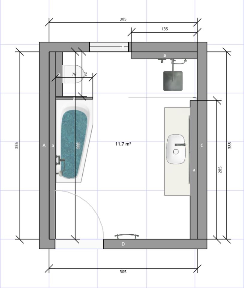 Grundriss eines Badezimmers mit Badewanne links, Waschbecken rechts, Tür unten