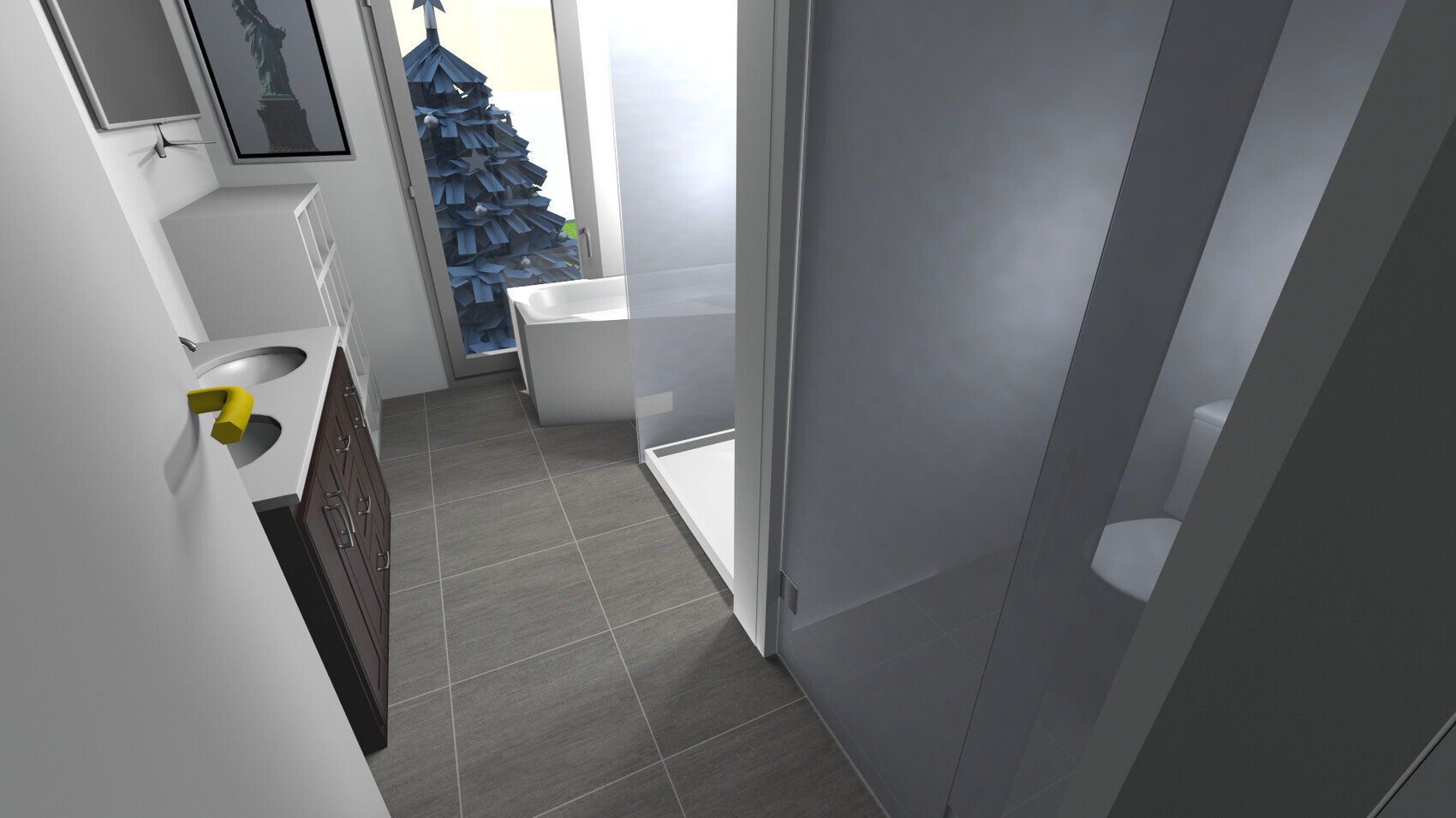 Moderne Badezimmeransicht: Doppelwaschbecken, graue Fliesen, Badewanne am Fenster, Glasdusche.