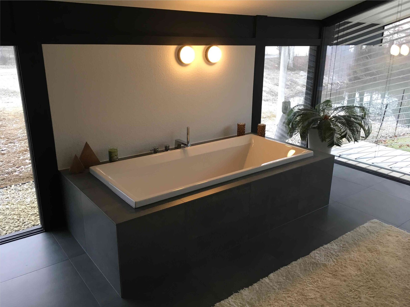 Moderne Badewanne in dunklem Badezimmer vor großen Glasfenstern, Pflanze und Teppich.