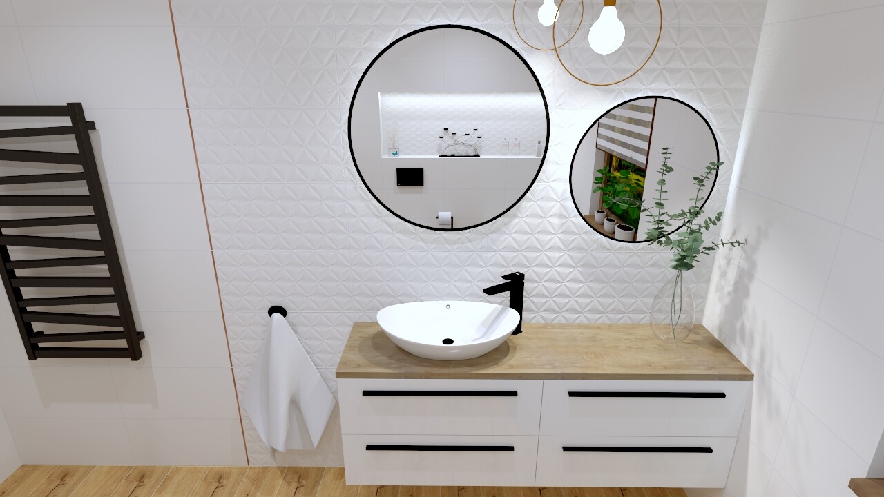 Modernes Badezimmer mit zwei runden Spiegeln, Waschbecken auf Holzplatte und Pflanze.