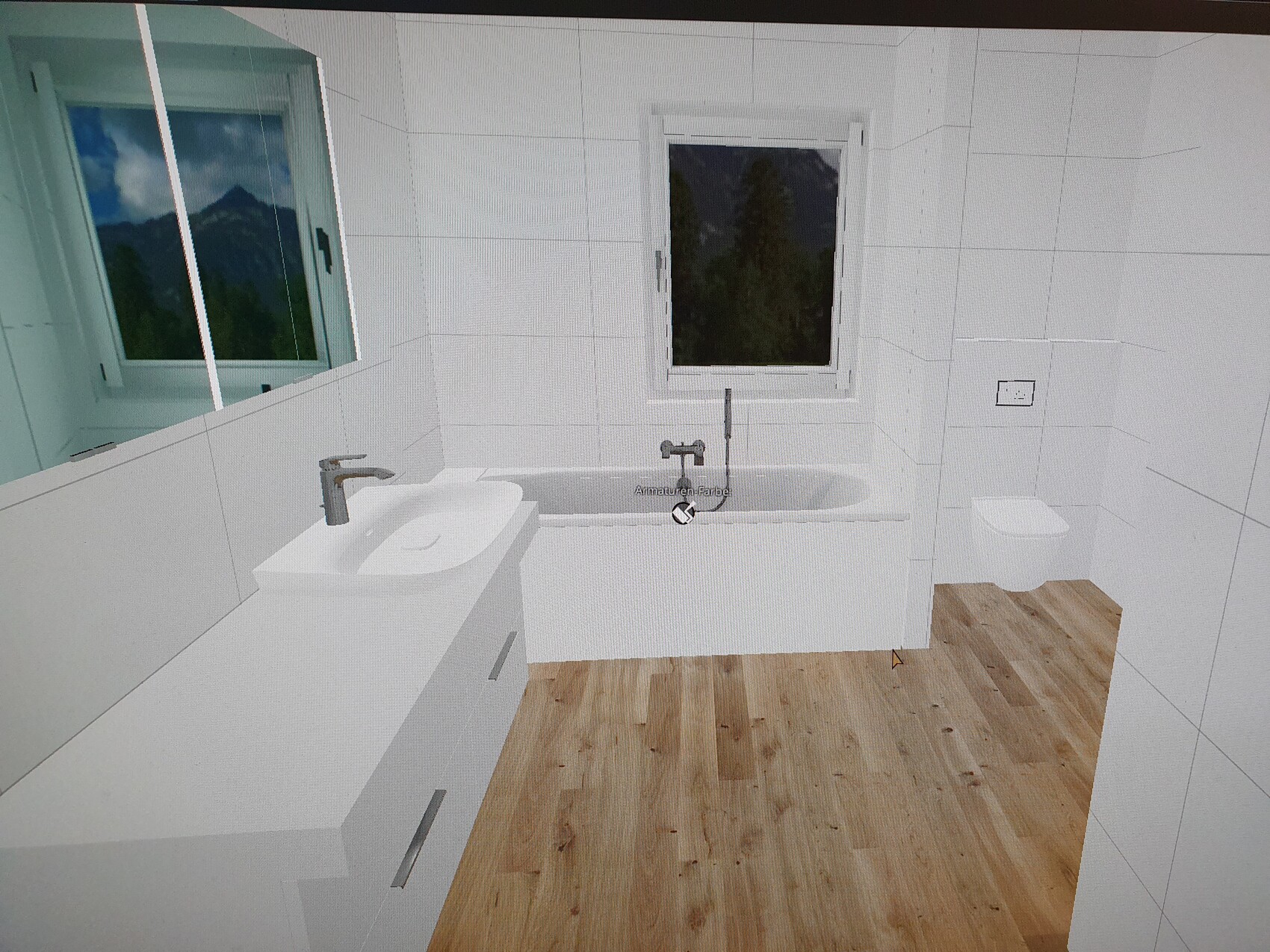 Helles Badezimmer mit Waschbecken links, Badewanne in der Mitte, Fenster, Holzboden.