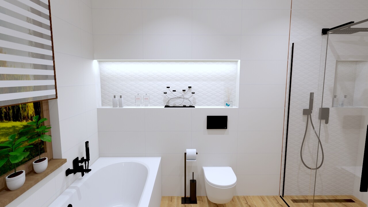 Modernes Bad: Badewanne links, Toilette mittig, Dusche rechts, beleuchtete Nische.