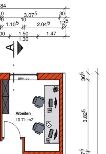 Grundriss Arbeitsplatz: rechteckiger Raum, rote Außenwand, 10.71 m2, Schreibtisch mit Monitoren.