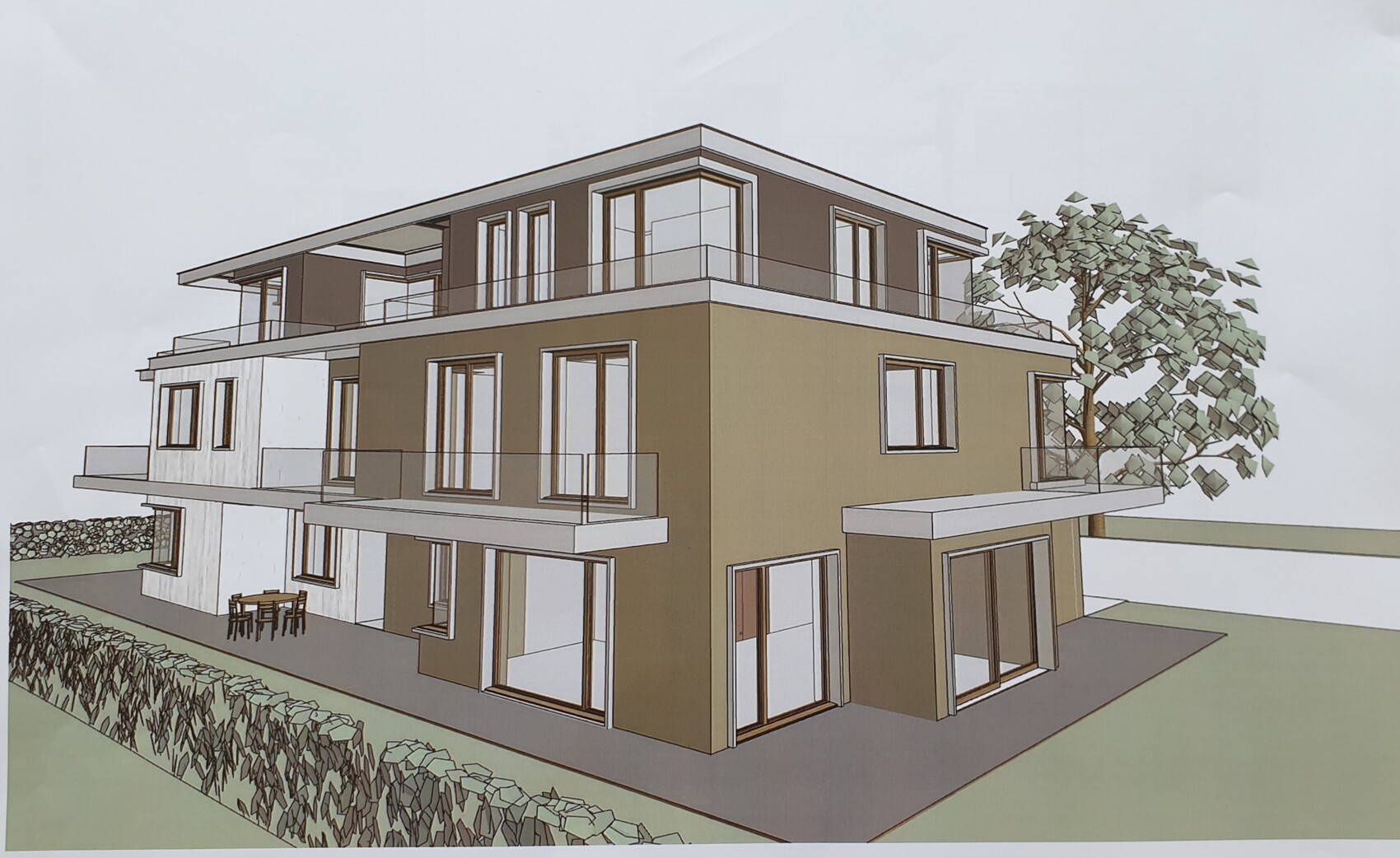 3D-Render eines modernen dreigeschossigen Hauses mit großen Fenstern, Balkonen und Terrasse.