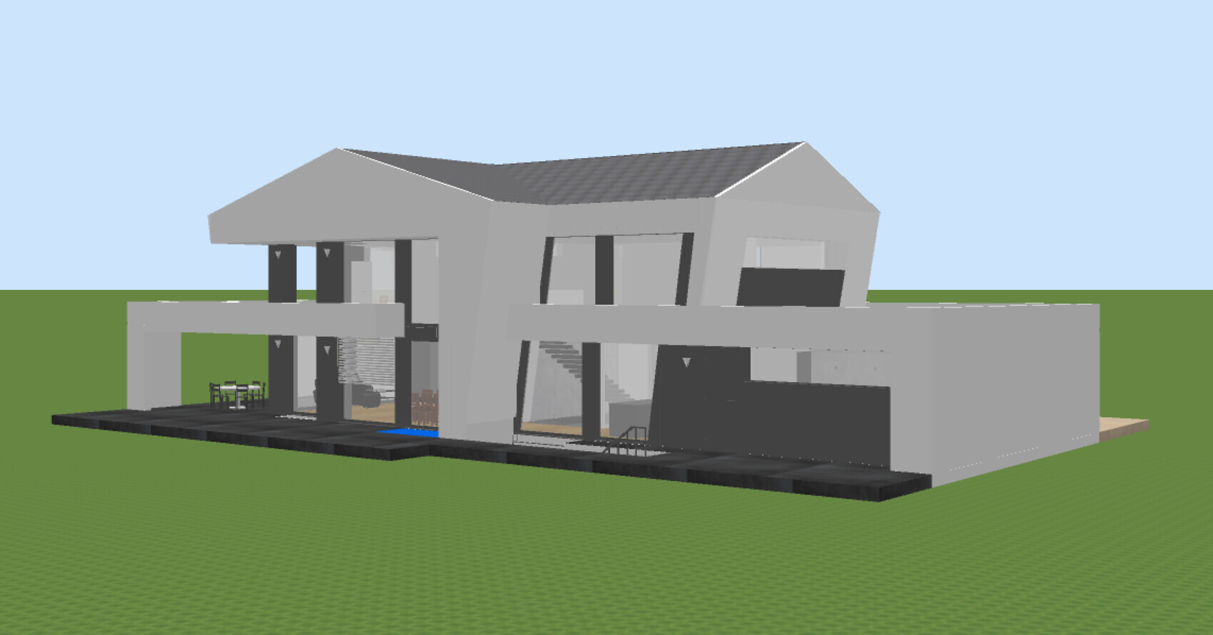 3D-Modell eines modernen Einfamilienhauses mit Terrasse auf grünem Grundstück und blauem Himmel