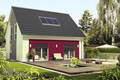 3D-Render einer modernen Einfamilienhaus-Frontansicht mit Terrasse und Garten