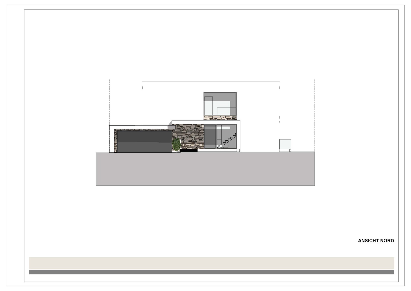 Nordansicht eines modernen Einfamilienhauses mit Steinfassade, Garage, Glasfenstern und Treppe.