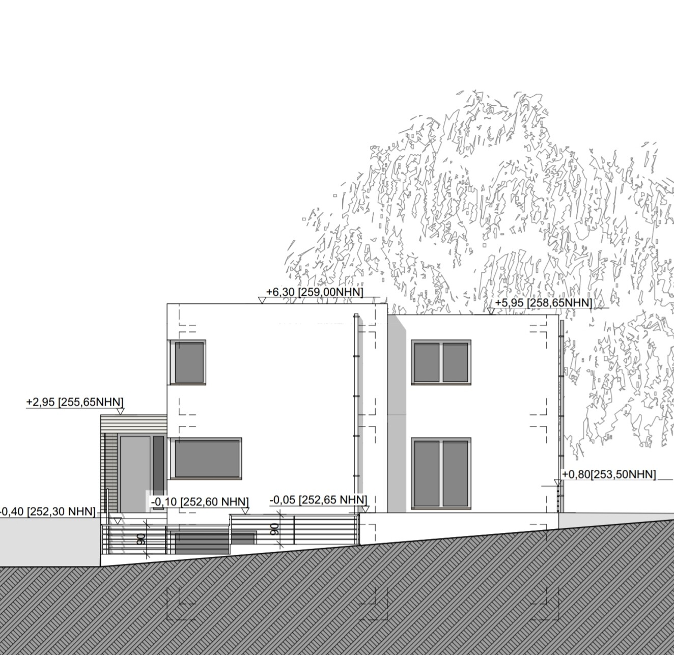 Moderne, zweigeschossige Hausfront als Architekturzeichnung mit Maßen, Baumkulisse im Hintergrund.