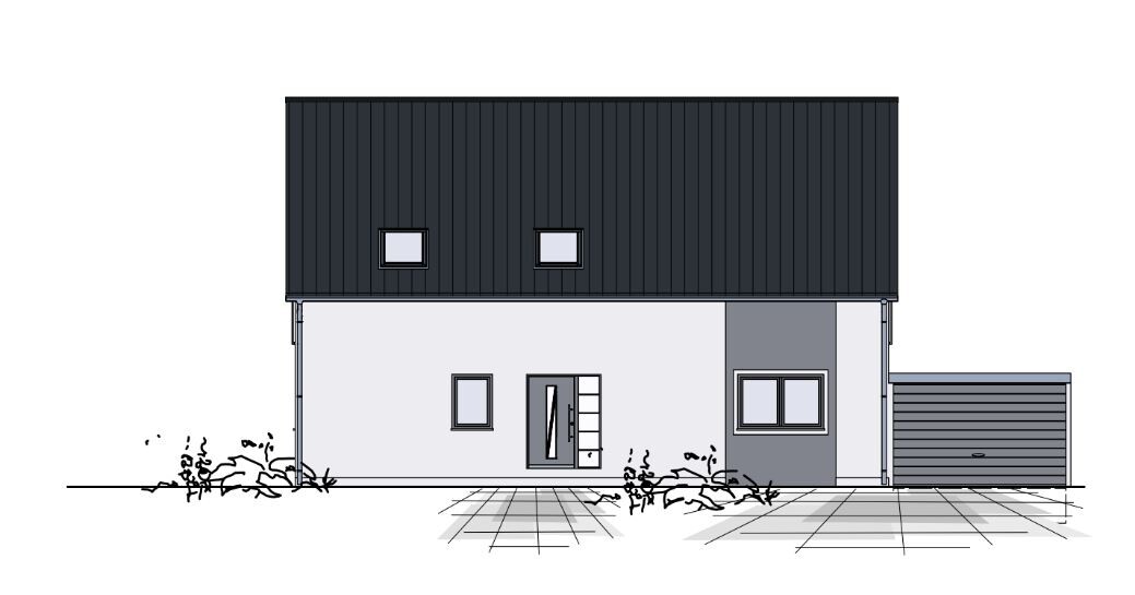 Moderner zweigeschossiger Hausentwurf mit dunklem Satteldach, weißer Fassade und Garage rechts.