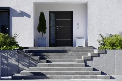 Eingangsbereich eines modernen Hauses mit schwarzer Tür, breiten grauen Treppenstufen und Pflanzgefäßen