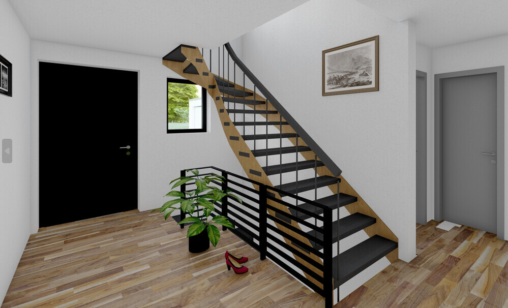 Heller Flur mit Holztreppe und schwarzem Metallgeländer, Fenster, Pflanze und rote Schuhe.
