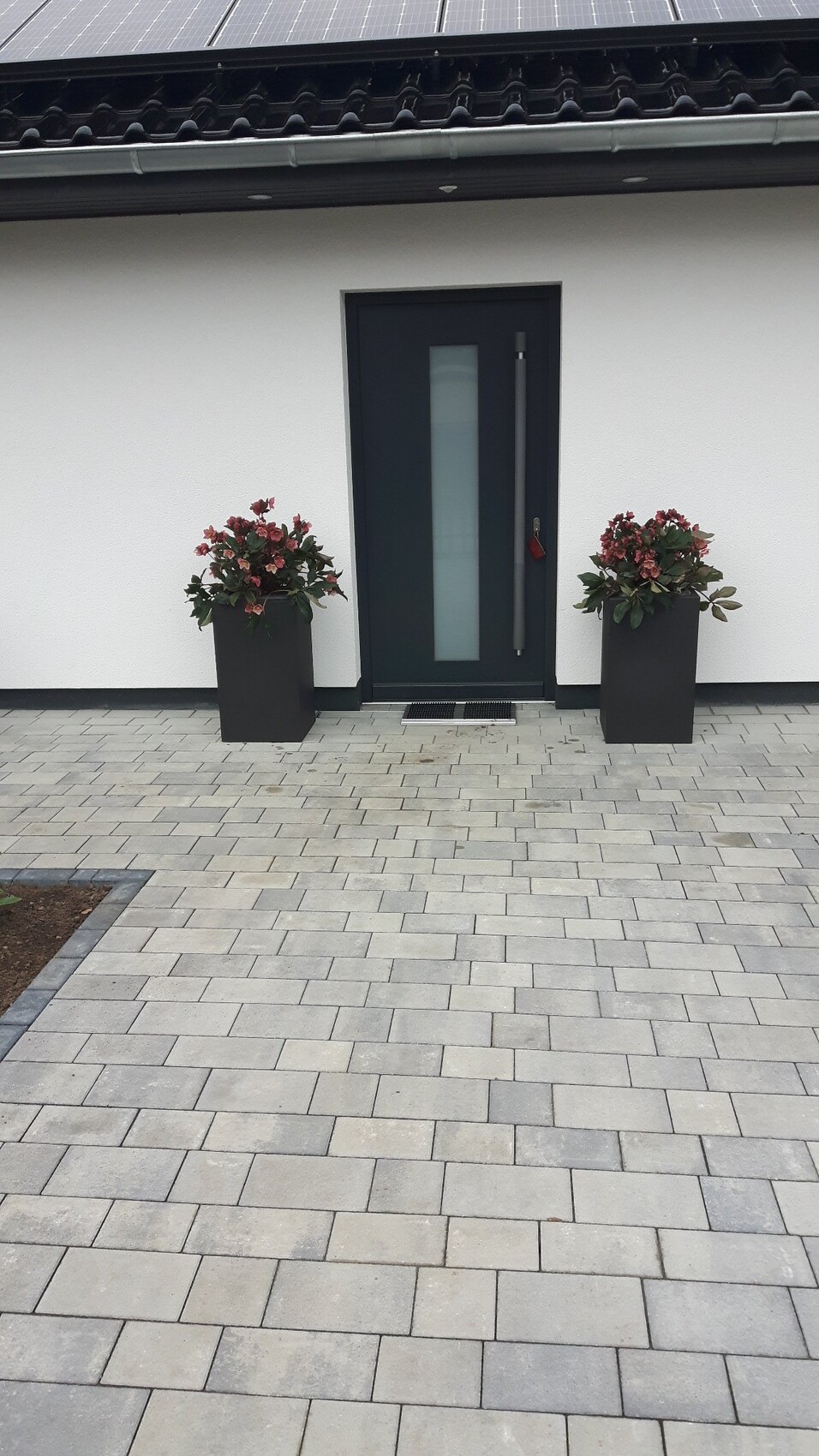 Moderne Haustür zwischen zwei schwarzen Pflanzkübeln mit roten Blüten vor gepflastertem Vorhof.