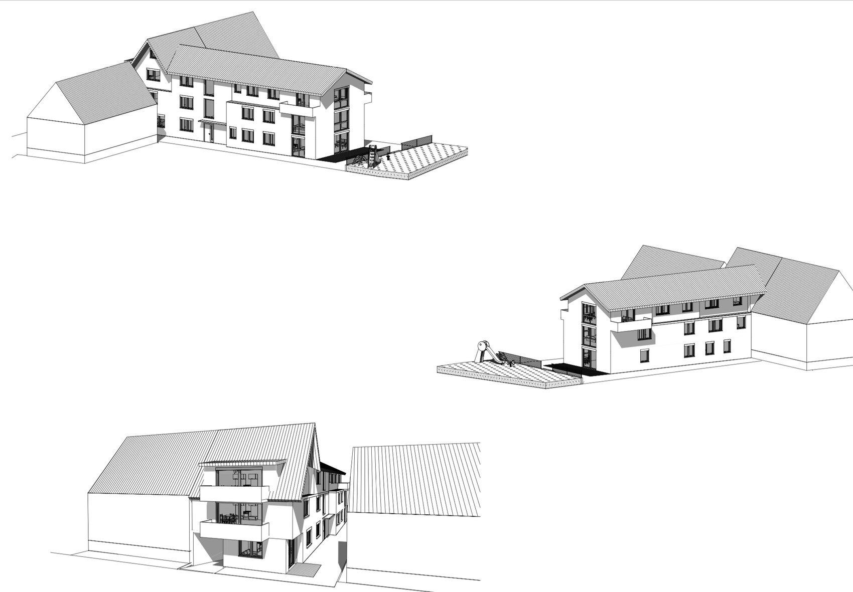 Isometrische Skizze mehrerer Wohnhäuser mit Spielplatz und Balkonen