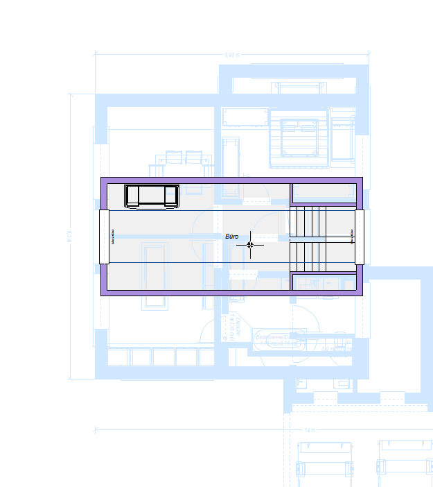Grundriss eines Bürobereichs mit lila Umrandung; Raum 'Büro' mit Treppen rechts.