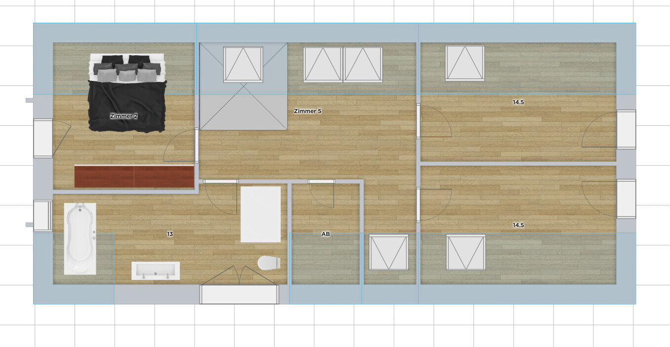 Grundriss eines Apartments: Schlafzimmer links, Badewanne, Flur, drei weitere Zimmer mit Fenstern