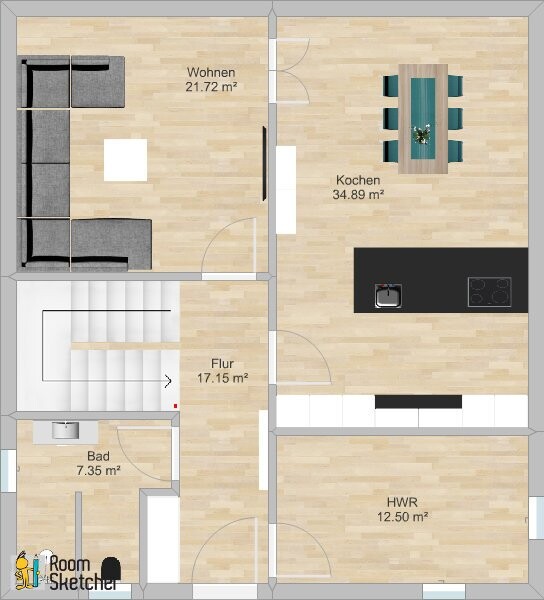 Grundriss: Wohnzimmer, Kochen, Flur, Bad, HWR; Treppe und Türen.