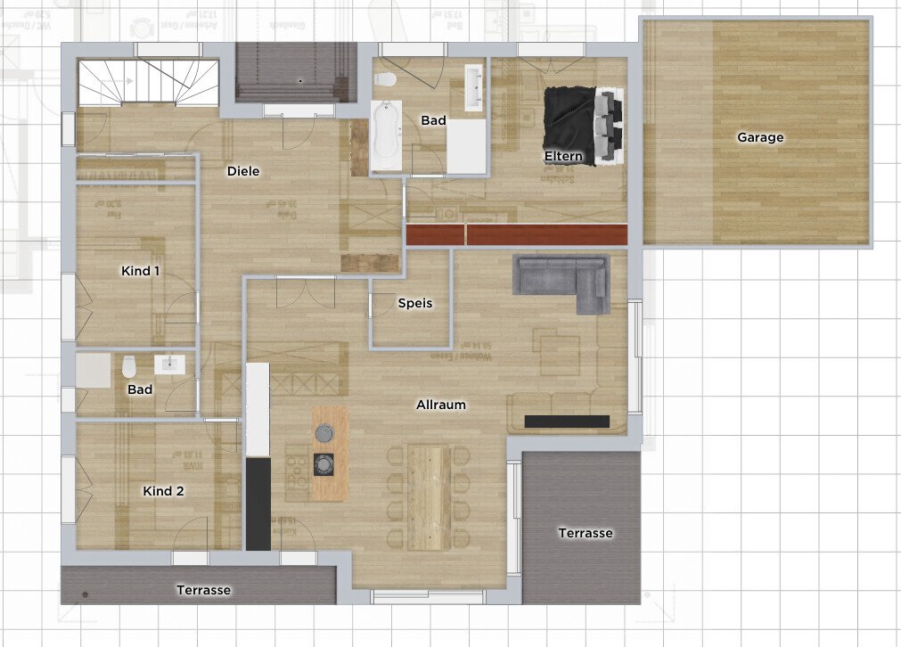 Grundriss eines Hauses: Allraum mit Küche, Bad, Eltern- und Kinderzimmer, Garage, Terrasse