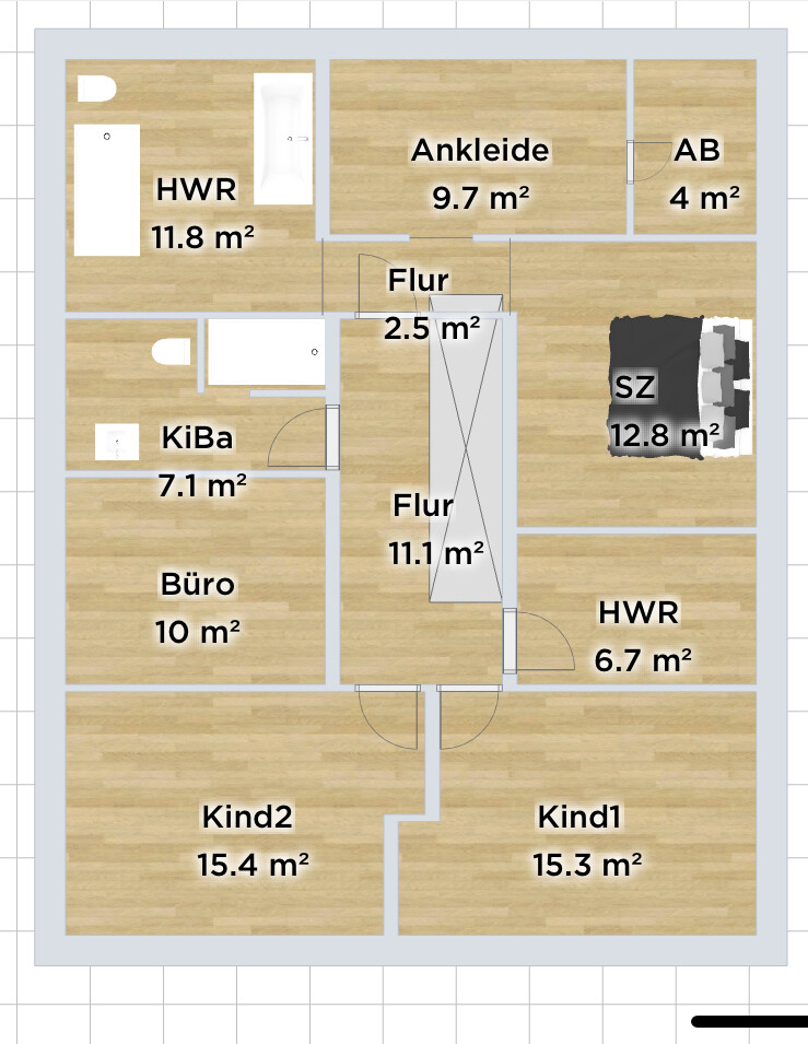 Grundriss eines Hauses: Räume mit Größen (SZ, Ankleide, Flur, HWR, KiBa, Büro, Kind1/2).