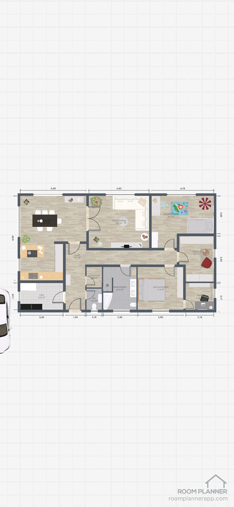 Grundriss einer Wohnung mit Küche, Esszimmer, Wohnzimmer, Schlafzimmer, Bad und Kinderzimmer.