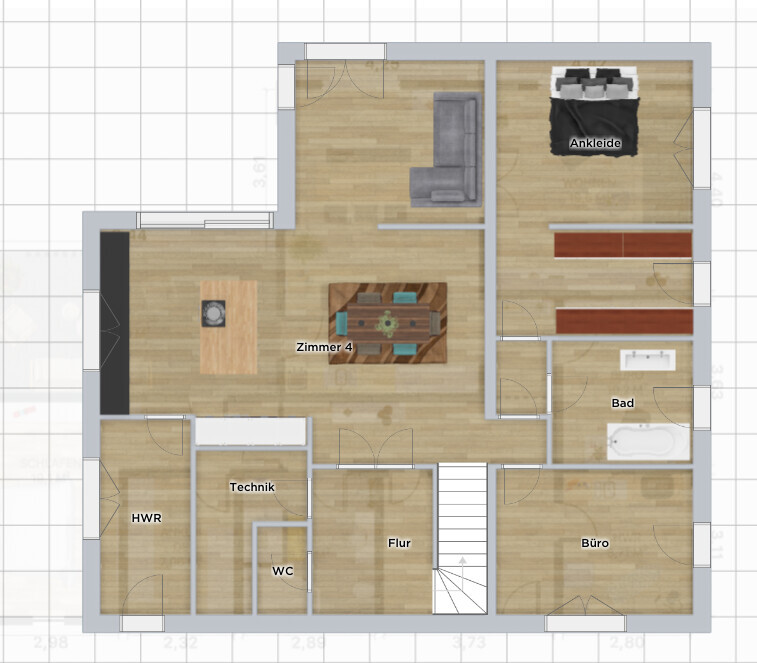 Grundriss eines Wohnhauses: Wohnzimmer/Essbereich, Küche, Zimmer 4, Ankleide, Bad, Büro, Flur, WC.