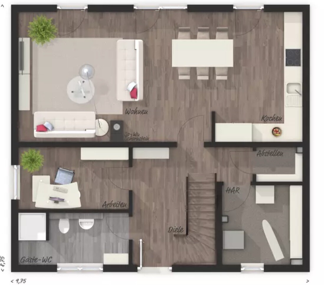 Moderner Grundriss mit offenem Wohnzimmer, Essbereich, Küche, Arbeitsbereich und Treppe.