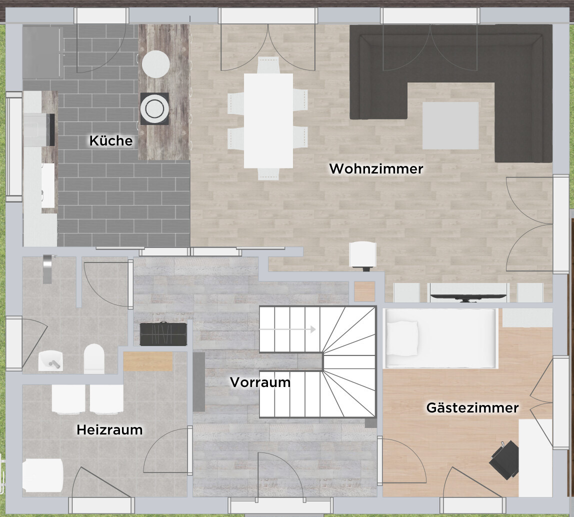 Grundriss: Küche links, Wohnzimmer mit Esstisch, Vorraum Mitte, Gästezimmer rechts, Treppenhaus.