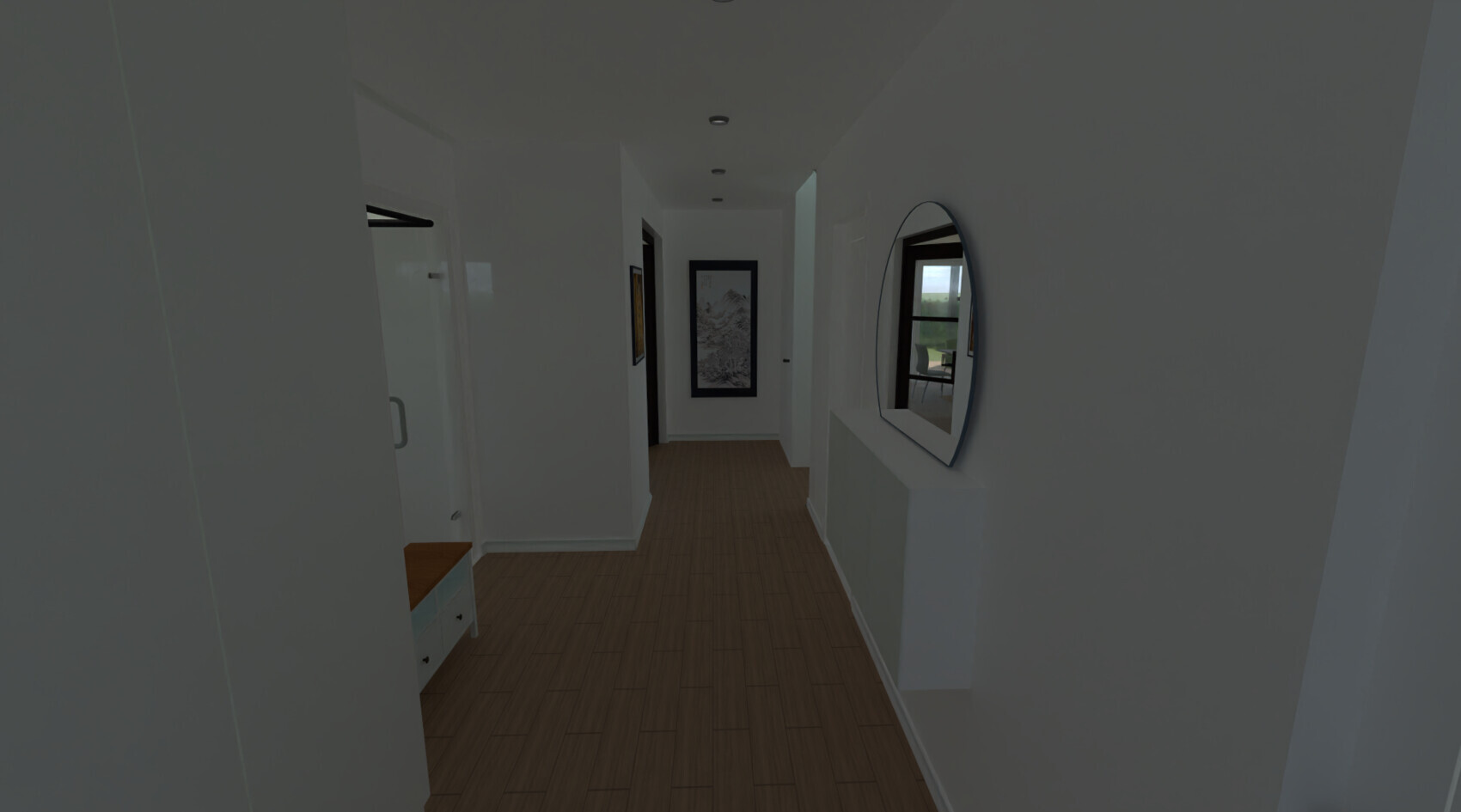 Heller Flur im Haus mit rundem Spiegel an der Wand, Holzboden und Bilderrahmen