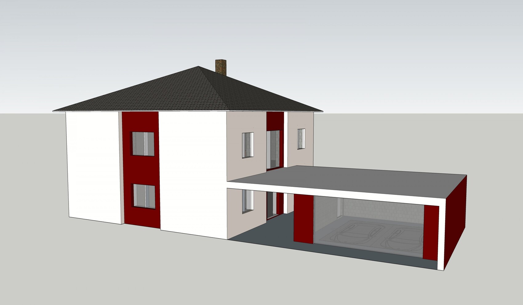 Modernes zweistöckiges Haus mit weißen Flächen, roten Akzenten und offener Carport-Garage.