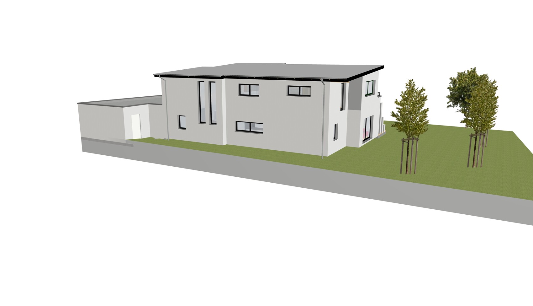 Moderne zweistöckige Villa mit Flachdach, Garage links, Fensterfronten und Bäume.