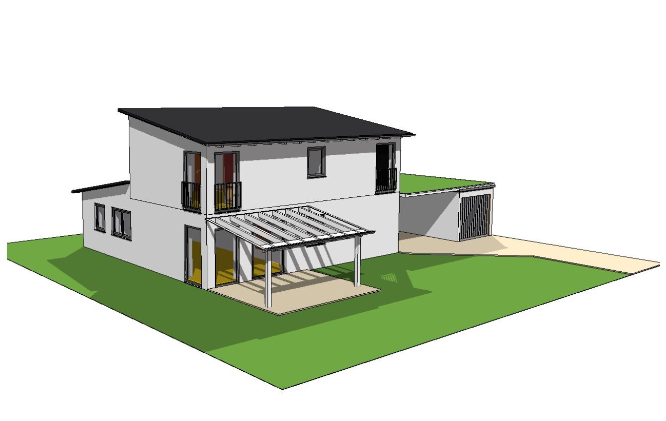 Moderne zweistöckige weiße Villa mit Balkon, Pergola und Garage auf grünem Grundstück.