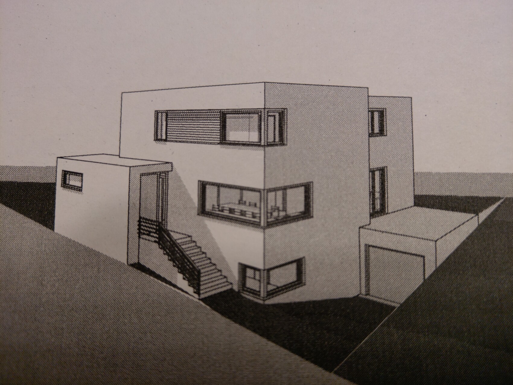Moderne zweistöckige Villa mit Flachdach, links Eingangsstufe, große Fensterfronten.