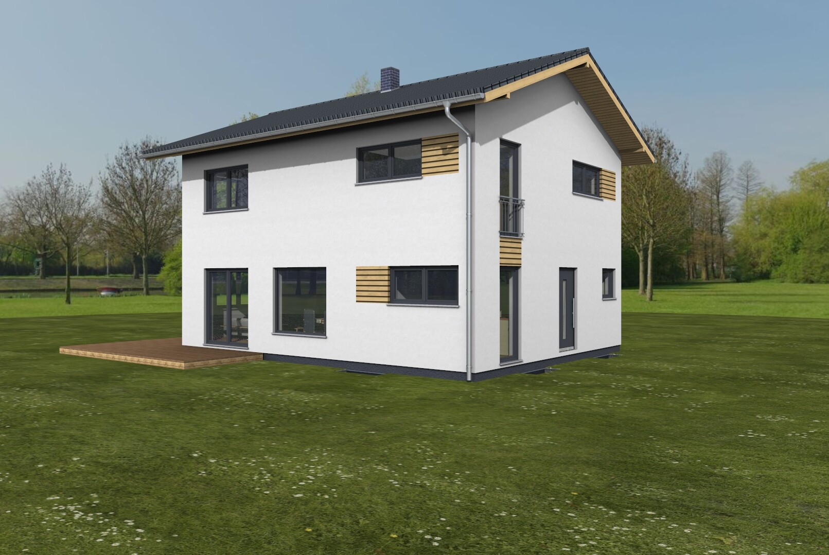 Moderne weiße Einfamilienhaus mit Holzelementen, großen Fenstern und Holzterrasse im Garten.