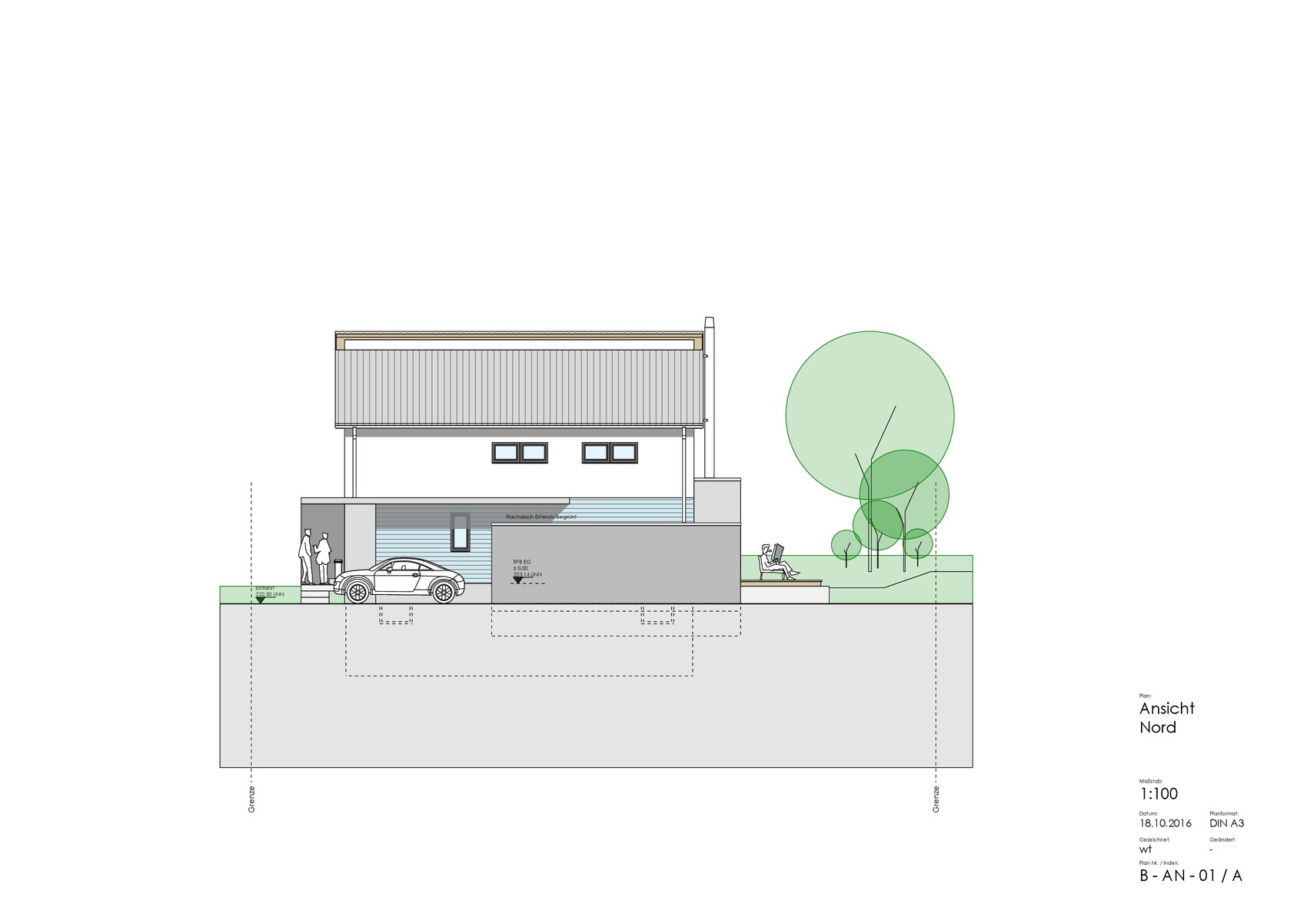 Architektonische Nordansicht eines modernen Hauses mit Garage, Auto und Bäumen im Garten.
