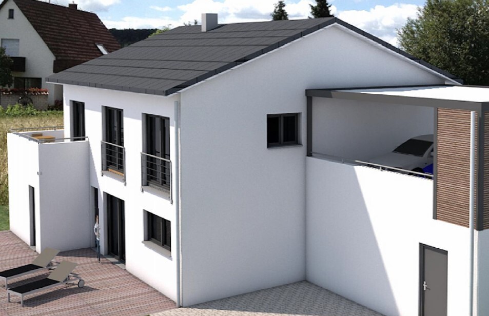 Moderne weiße Doppelhaushälfte mit Carport, Terrasse und Balkon im Außenbereich.