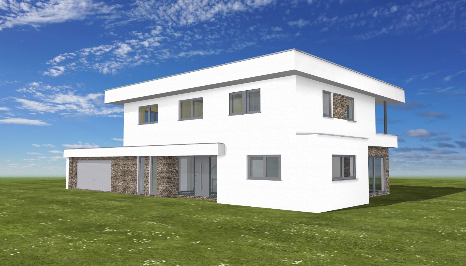 Moderne weiße Einfamilienvilla mit Steinakzenten, großen Fenstern und Garage.