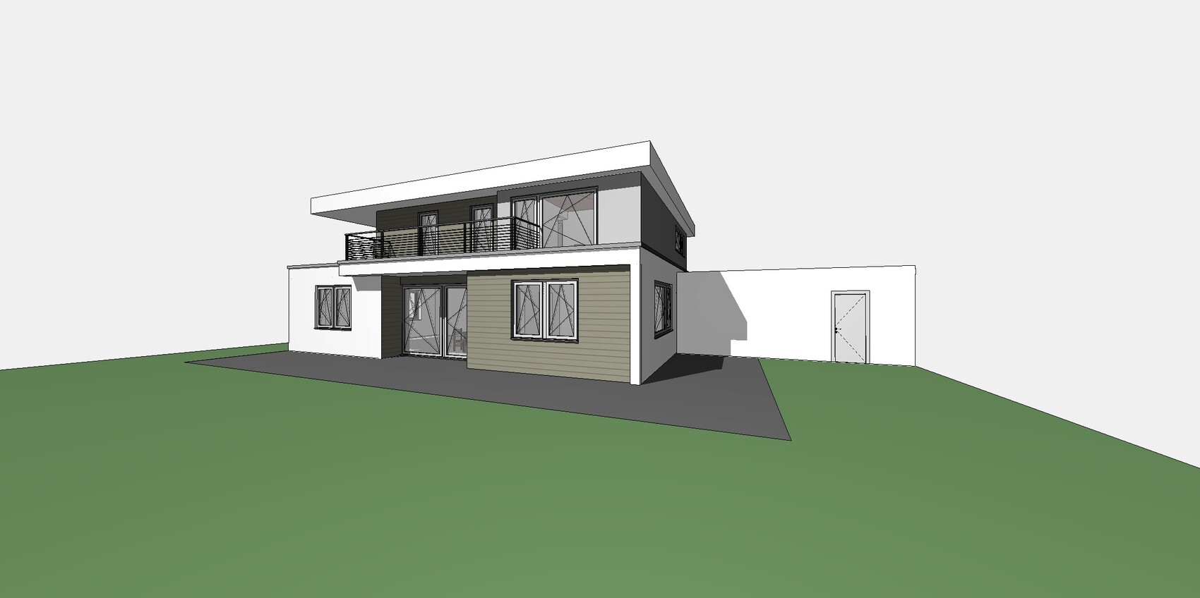 Moderne zweigeschossige Villa mit Glasfront, Balkonterrasse und Holzverkleidung auf Grünfläche.