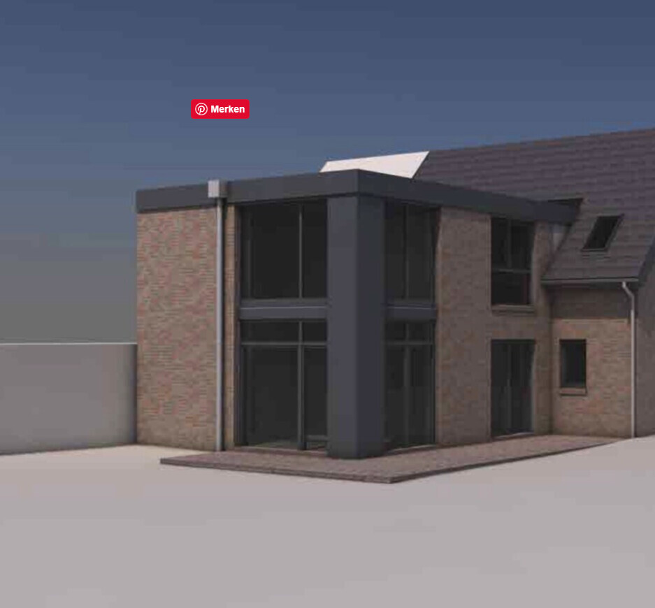 Moderne Hausfassade mit großer Glasfront und Backsteinoptik, 3D-Render