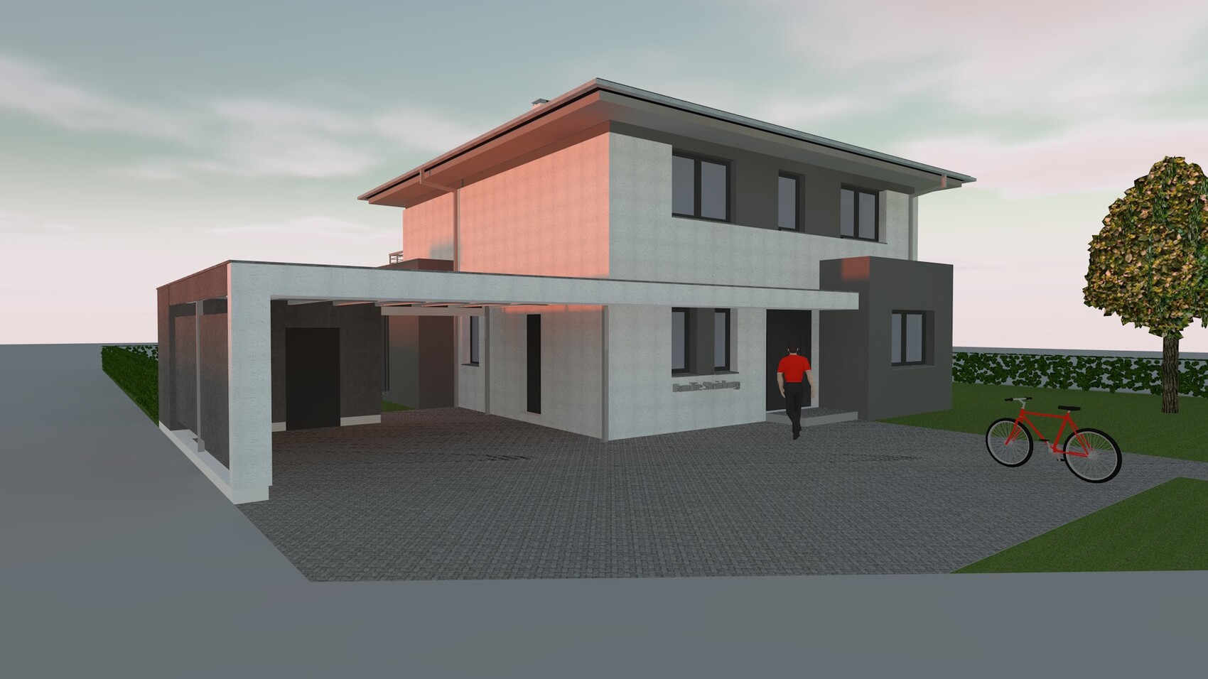Außenansicht eines modernen Hauses mit Carport, Fahrrad und Garten