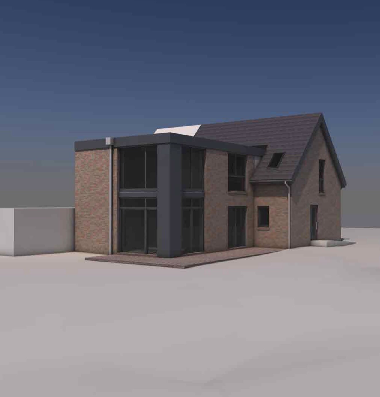 Moderne zweigeschossige Hausfassade aus Ziegel mit großen Glasfronten, 3D Rendering.