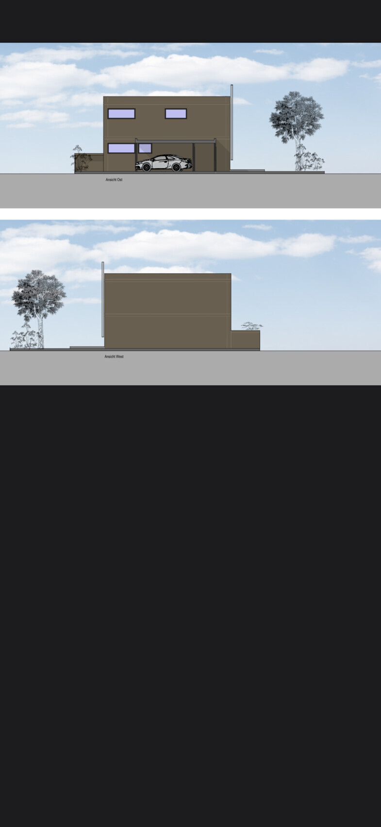 Moderne zweistöckige Villa mit Carport, davor geparktes Auto und Bäume im Umfeld.
