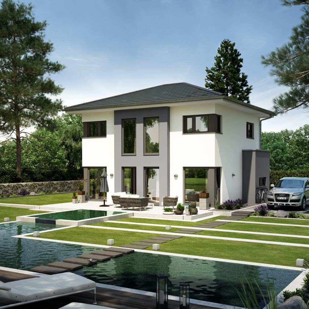 Moderne zweigeschossige Villa mit Pool, Terrasse, Garten und geparktem Auto.