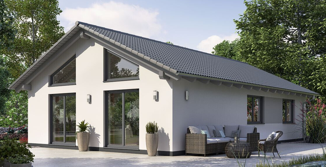 Modernes Einfamilienhaus mit weißer Fassade, großen Glasfronten und Lounge-Terrasse.
