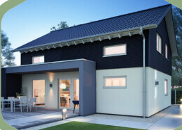 Moderne zweistöckige Hausfassade mit Terrasse und Garten, Abendlicht