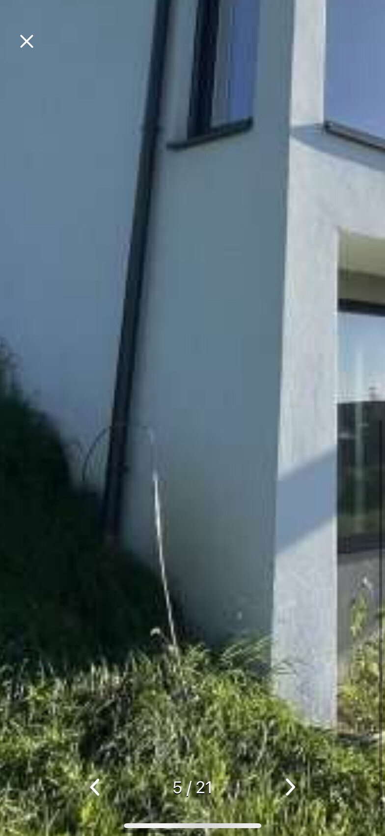 Moderne weiße Gebäudefassade mit Fenster an der Ecke und Buschwerk davor.
