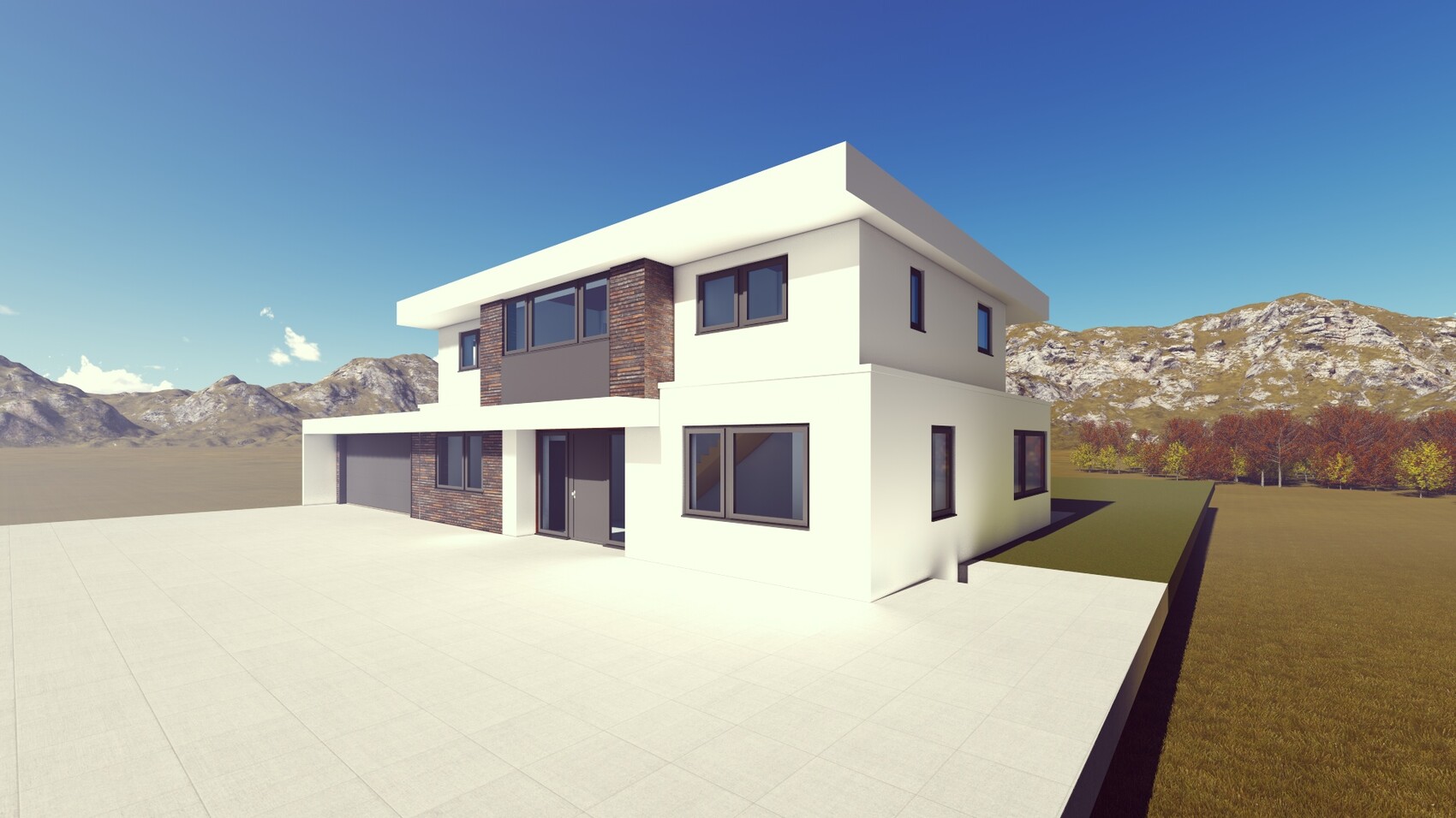 Moderne weiße Villa mit Steinakzenten, geräumige Garage, Blick auf Berge.