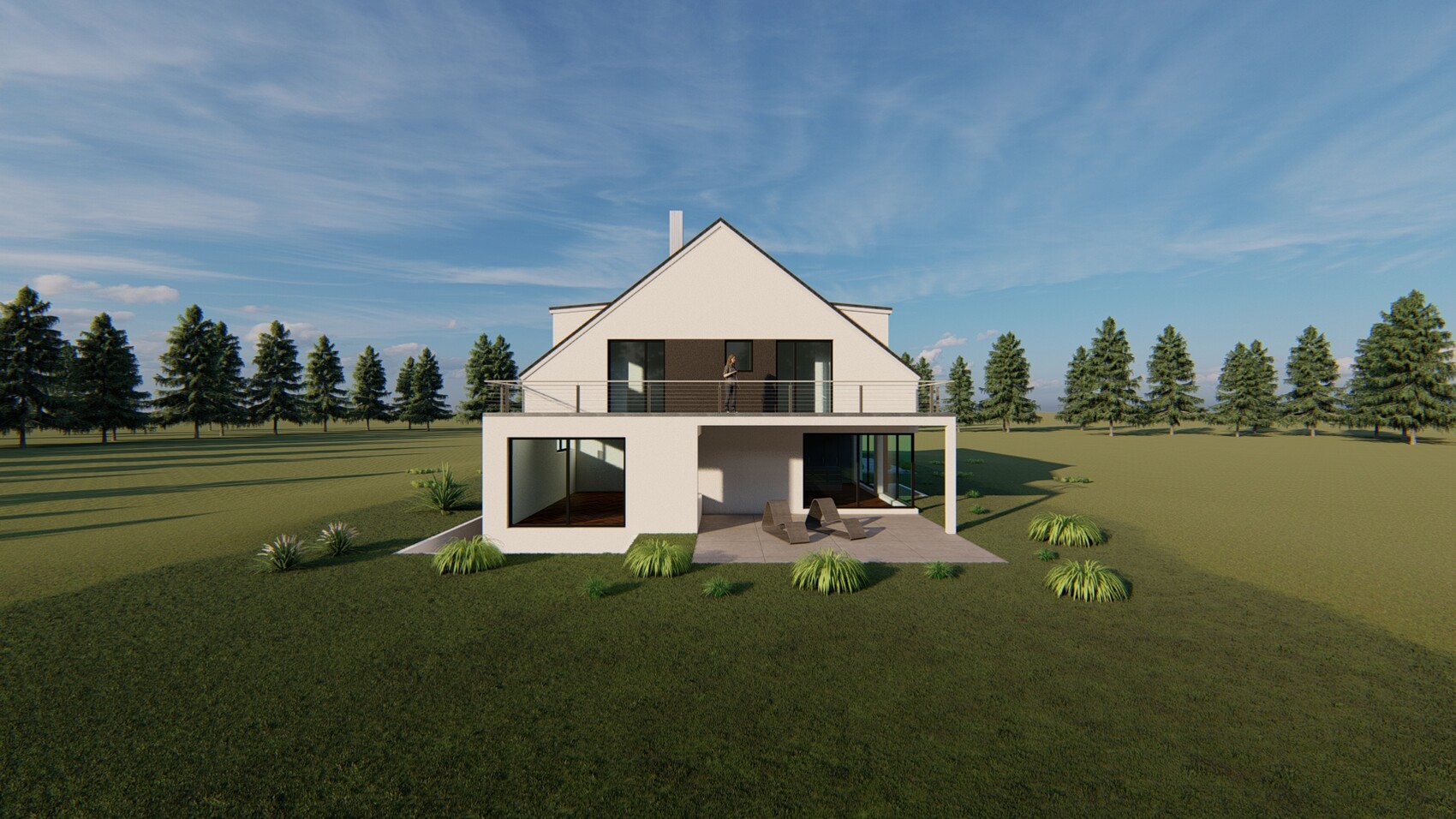 Moderne weiße Villa mit Satteldach, Balkon mit Person, Terrasse und Grün.