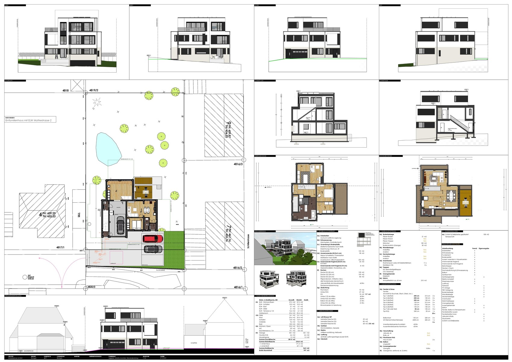 Architekturplan eines modernen Hauses mit Grundrissen und Ansichten
