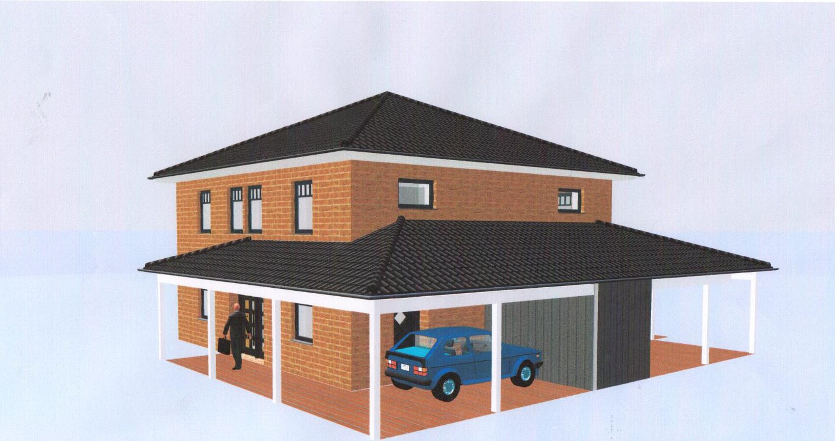 Zweistöckiges rotes Backsteinhaus mit Carport und grauem Ziegeldach, 3D-Render